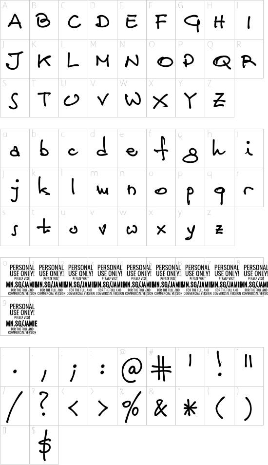 Jamie Handwriting PERSONAL USE Regular font character map