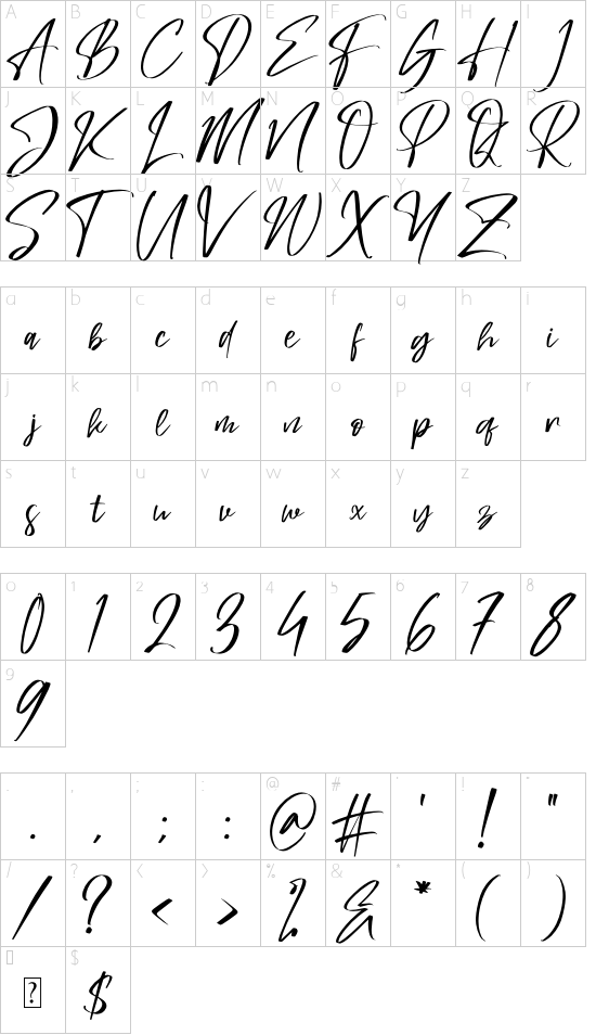 Mastille Attedro font character map