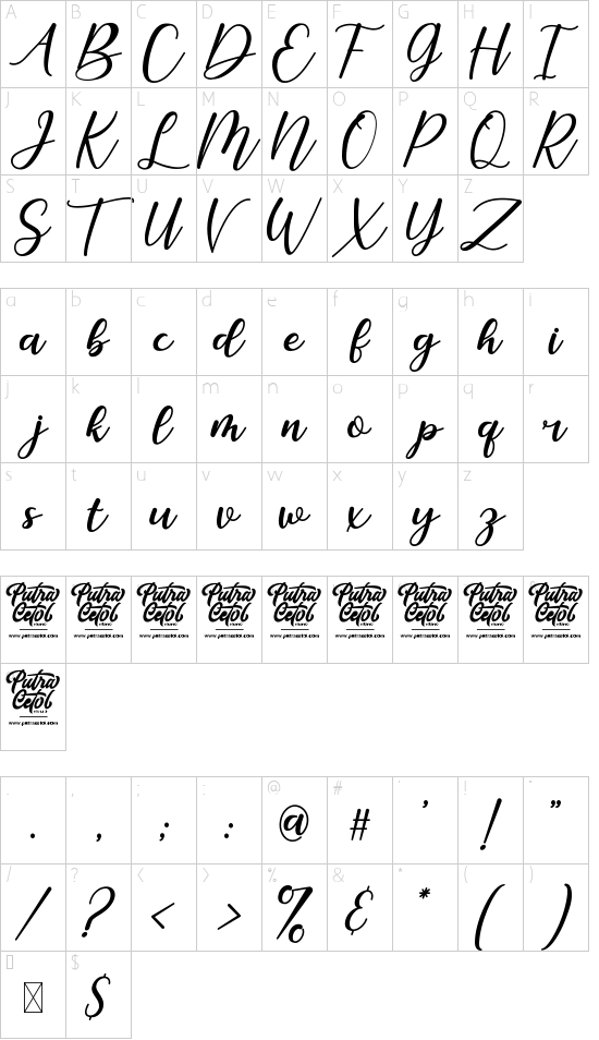 Romantic February font character map