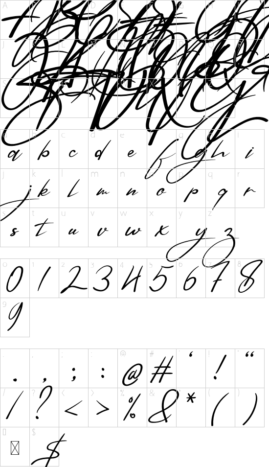 Signatures font character map