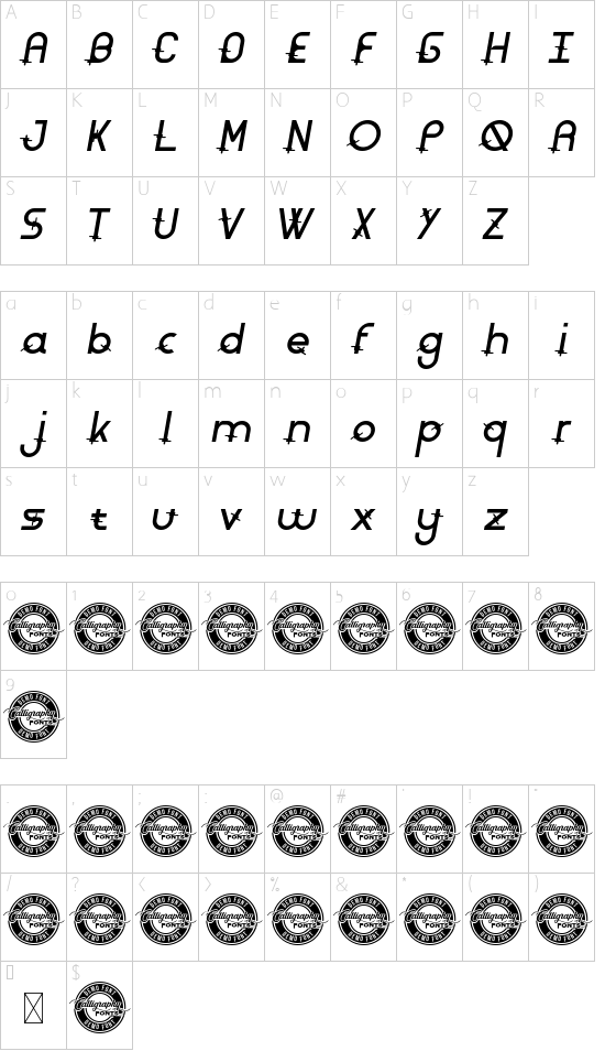 Rounded Barbed Demo Italic font character map