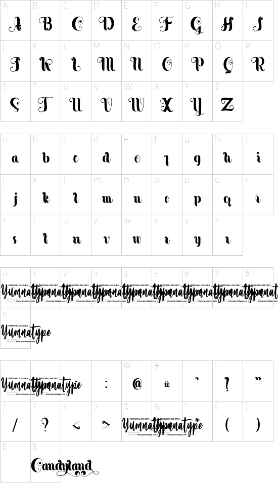 Candyland Personal Use font character map