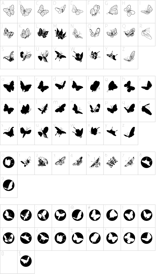 ButterFly font character map