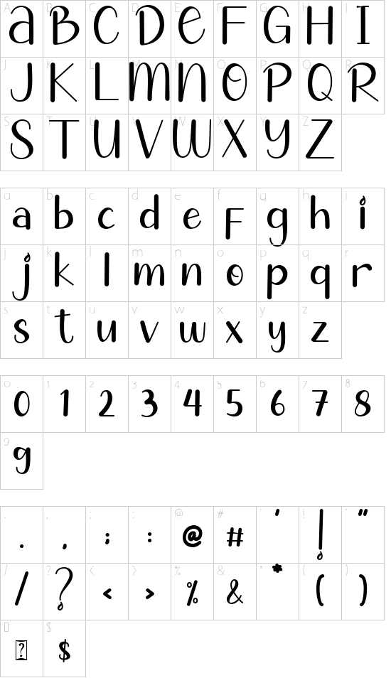Summer Calling font character map