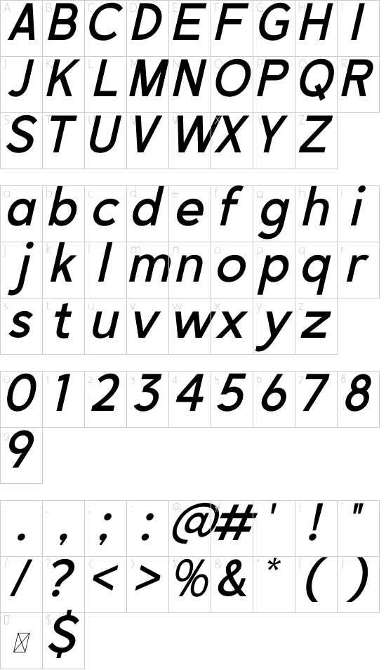 BALLAD Italic font character map