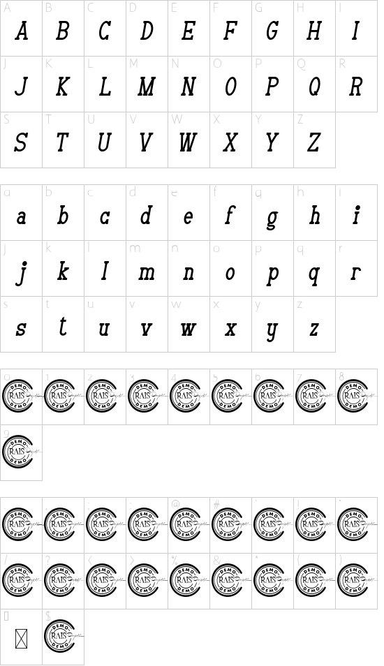 Mailgram Demo Italic font character map