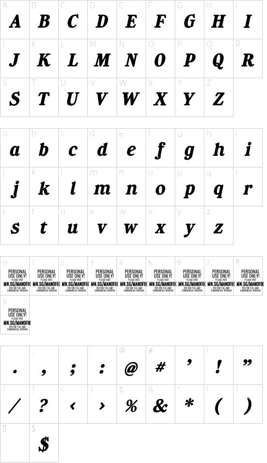 Manofik PERSONAL USE ONLY Bold Italic font character map