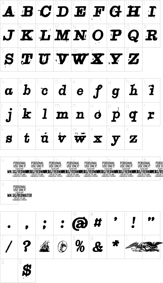 Redwater Banker PERSONAL USE Italic font character map