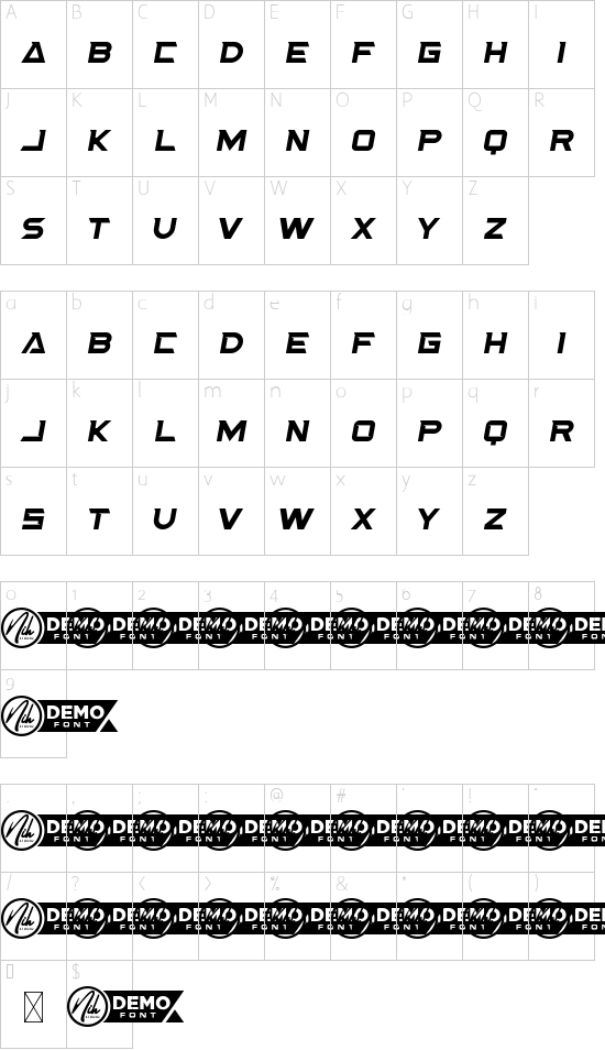 Super Road Demo Italic font character map
