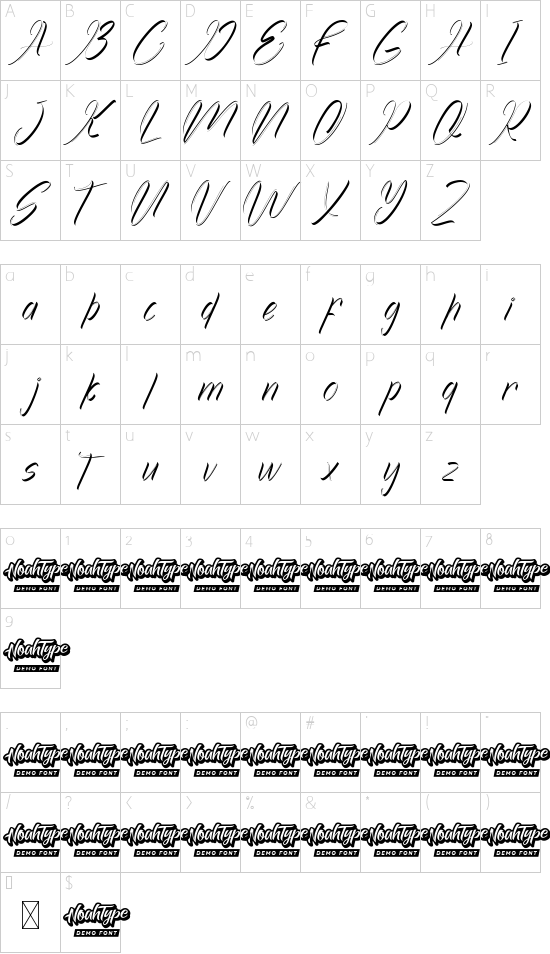 Achilleas Demo Italic font character map