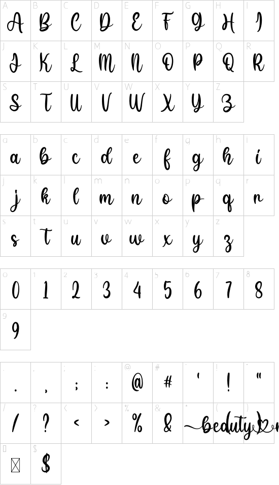 Beauty NauraDemo font character map