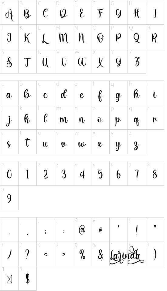 Larinda Demo font character map