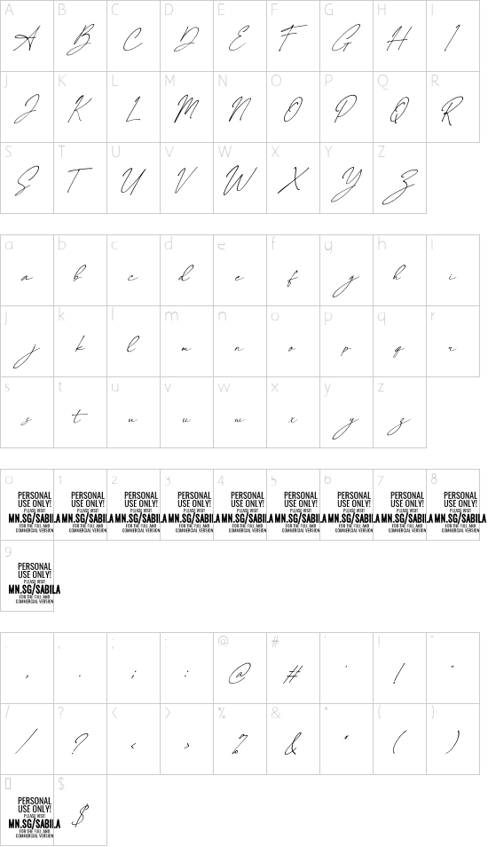 Sabila Renytha PERSONAL USE Italic font character map