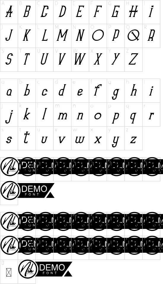 Type Old Demo Italic font character map