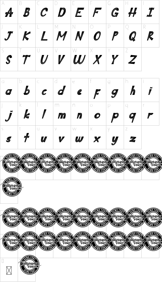 Super Red Demo Italic font character map