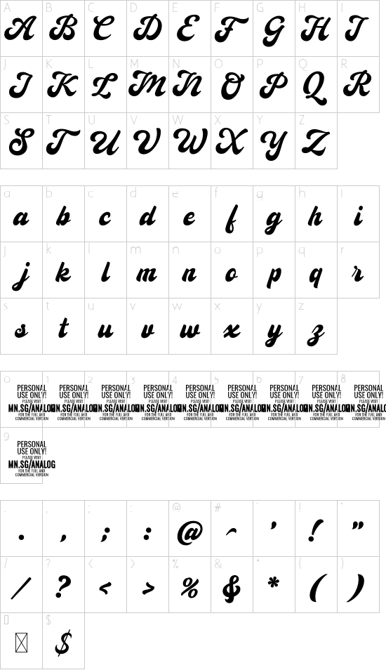 Analog Script Clean PERSONAL Personal font character map