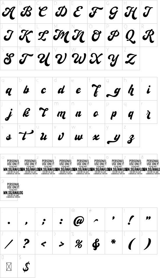 Analog Script PERSONAL USE Personal font character map