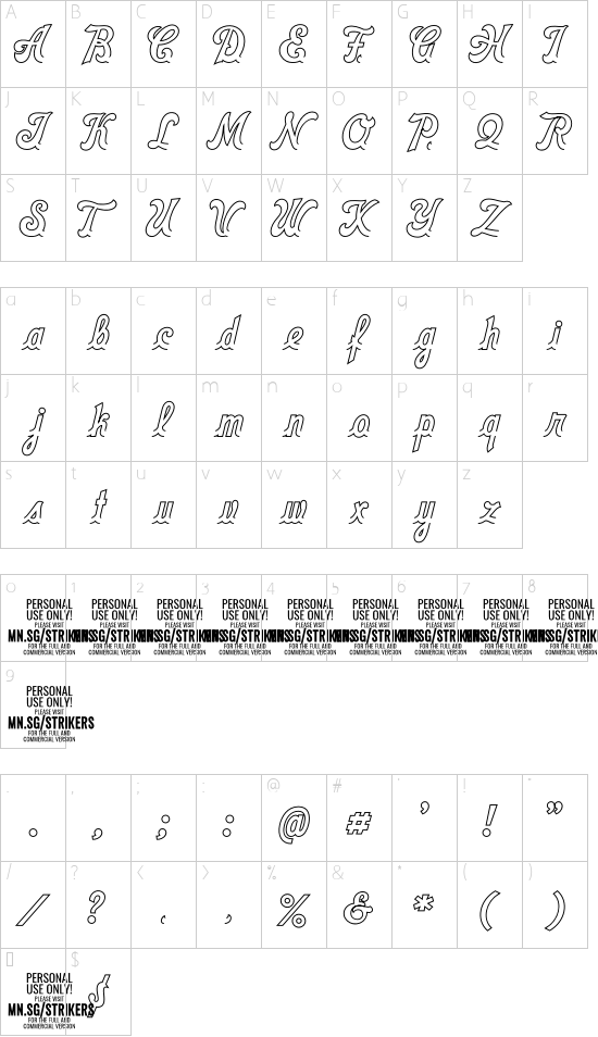 Strikers Outline PERSONAL Regular font character map