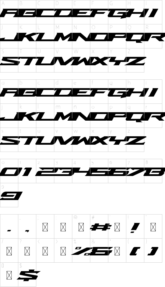 Draco font character map