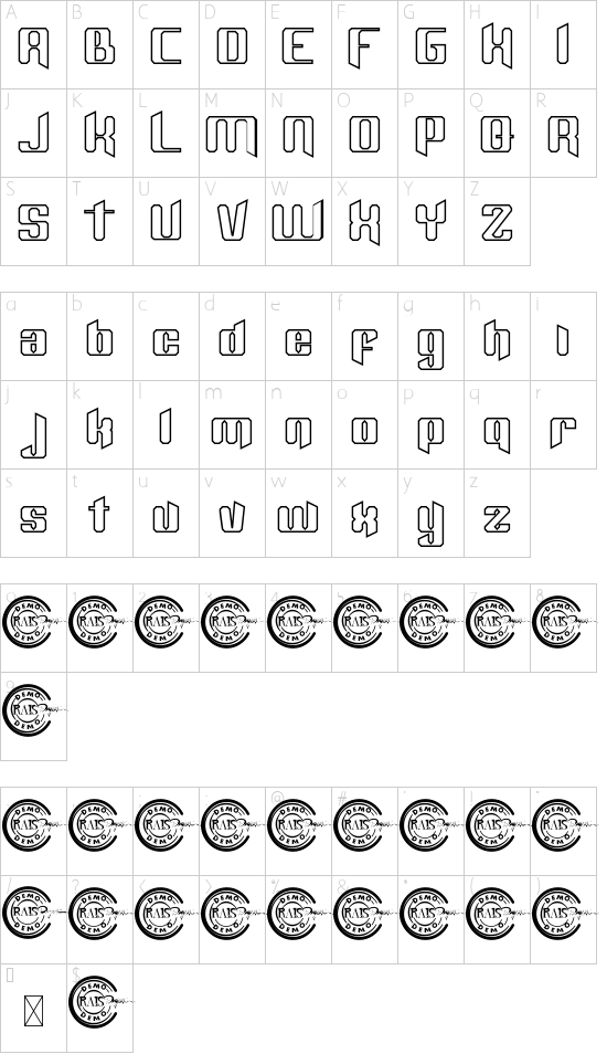 Overtake Demo Outline font character map