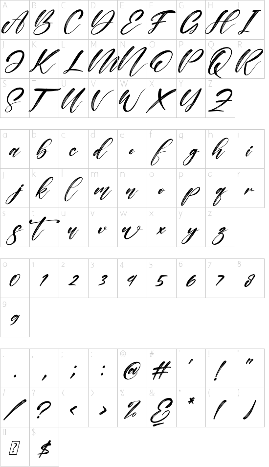 Alisabela Brushley Italic font character map