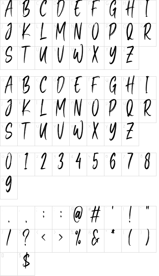 Jacky Brushes font character map