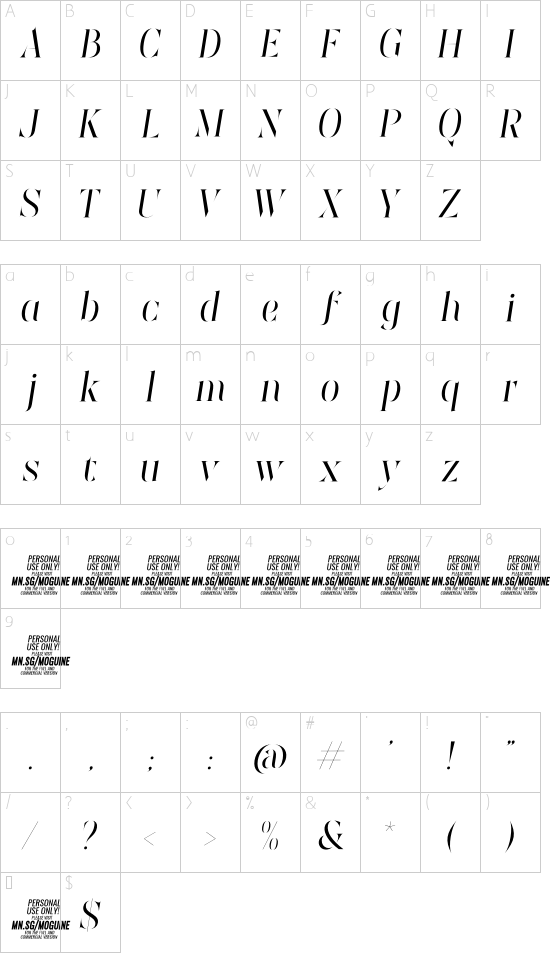 Moguine Serif PERSONAL USE Italic font character map