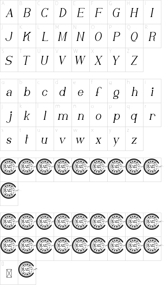 Rowan Berry Demo Italic font character map