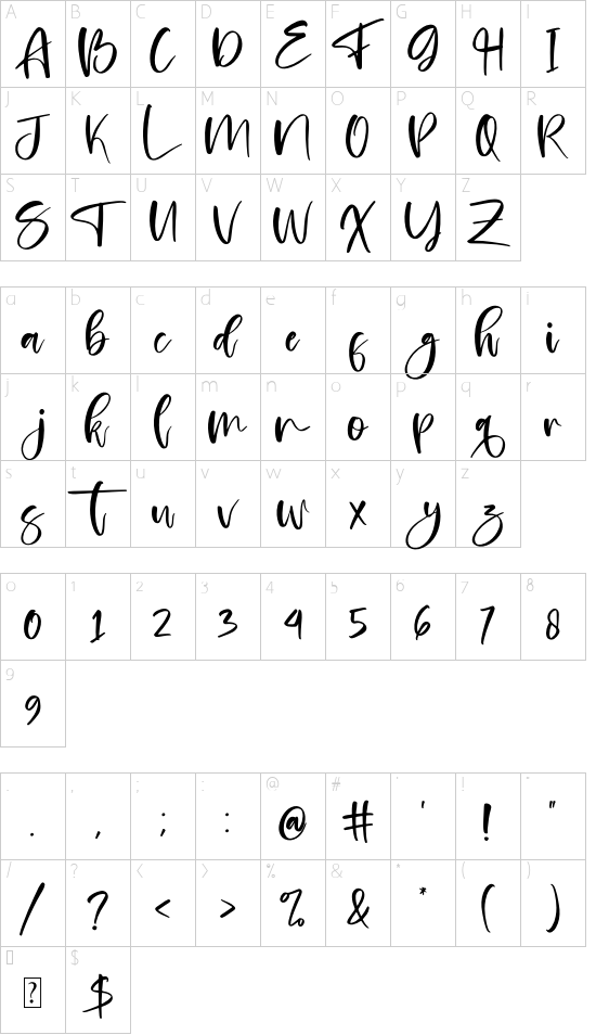 Brilliant Castelo font character map