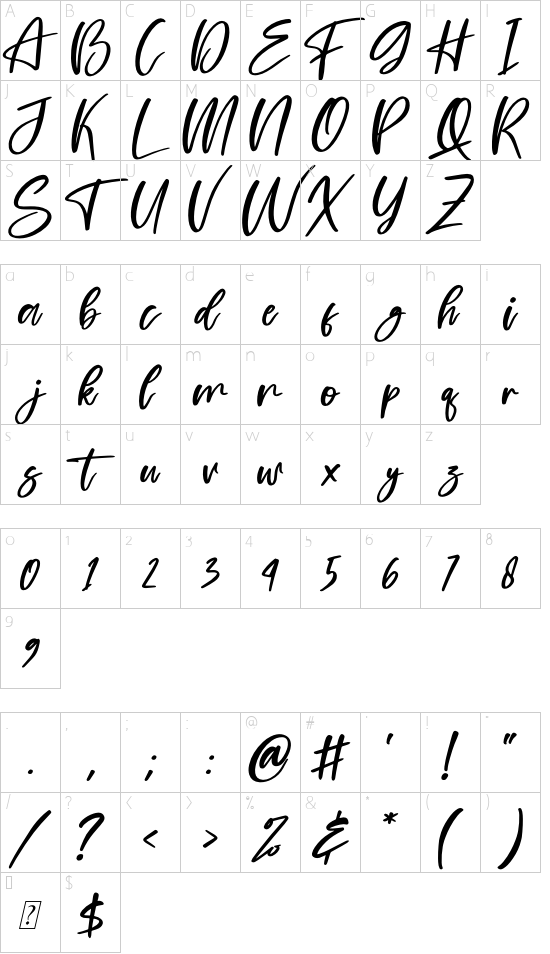 Chilhood Italic font character map