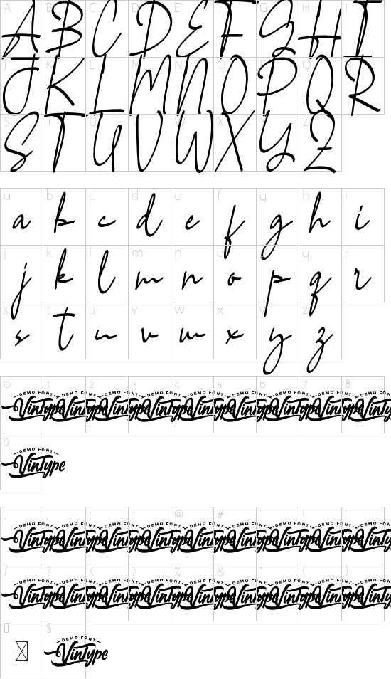 Corona Real Demo Script font character map