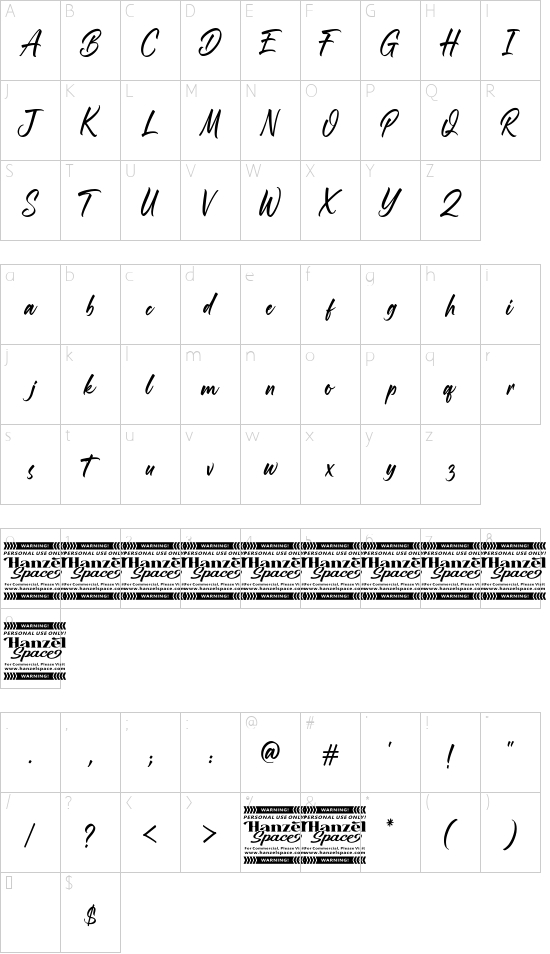 Roasting Script font character map