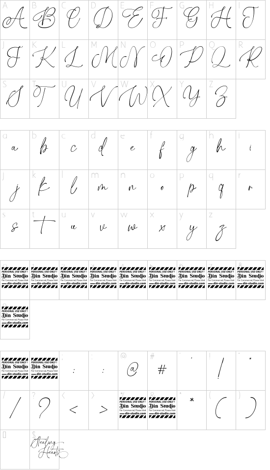 Stealing Hearts Personal Use font character map