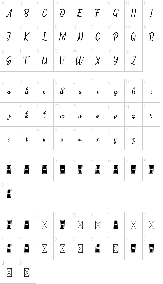 Babrune font character map