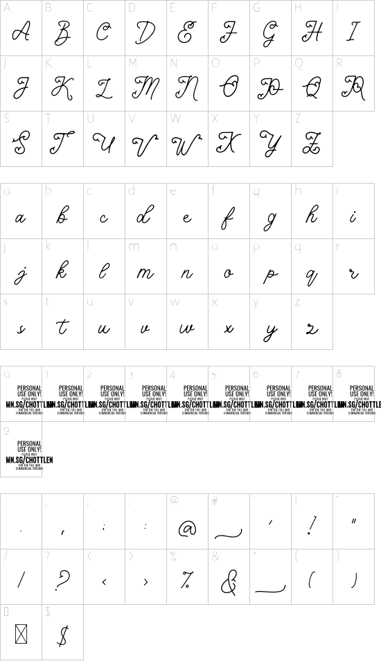 Chottlen Script PERSONAL USE Regular font character map