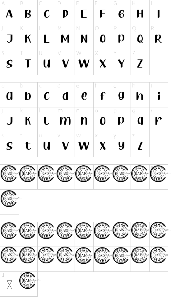 Yummy Pizza Demo font character map