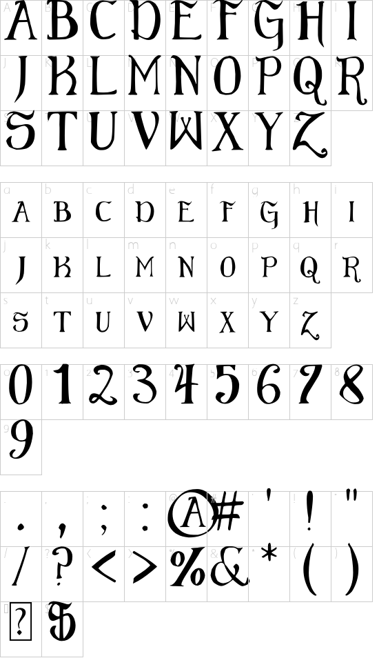 Elementary Gothic font character map