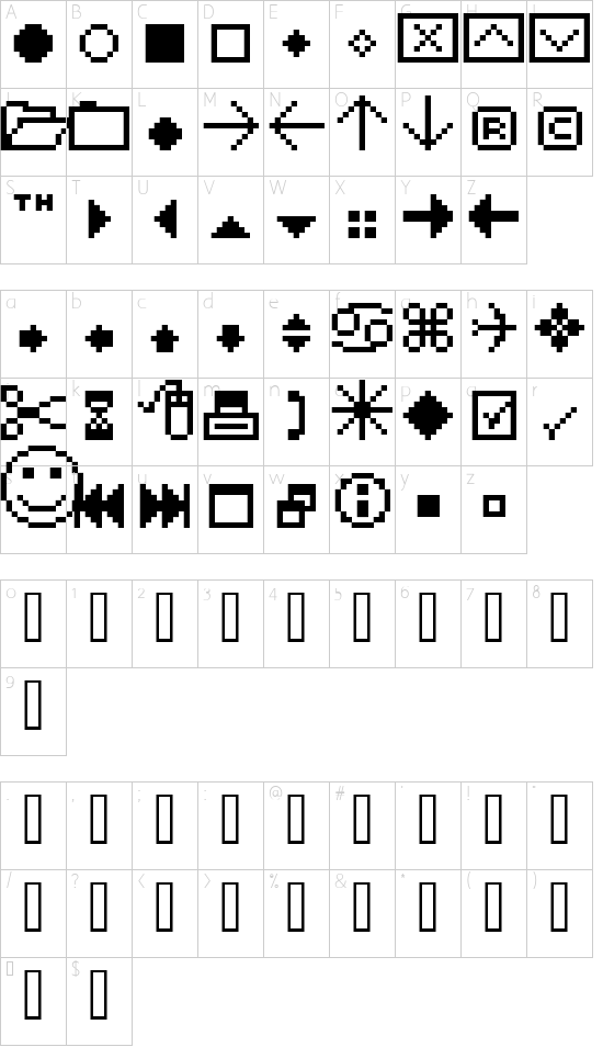 FFF Extras font character map