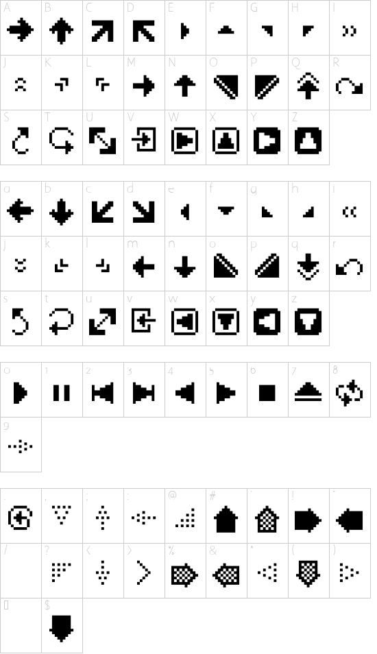 PixArrows font character map