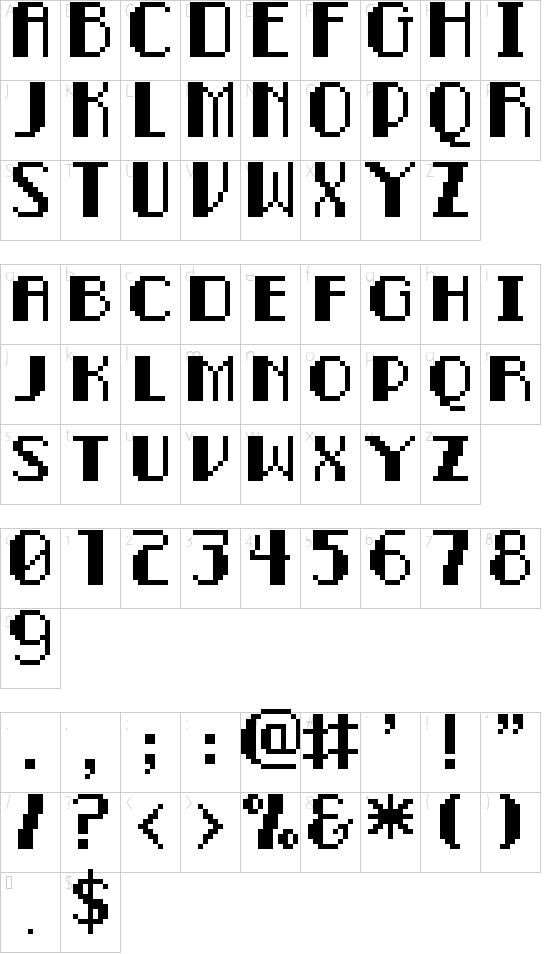 Pixel-Noir Caps font character map