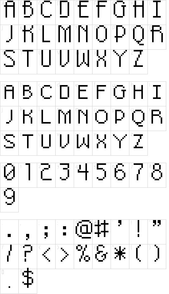 Pixel-Noir Skinny Caps font character map