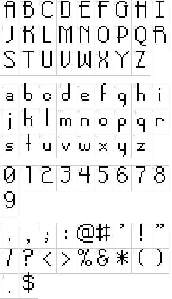 Pixel-Noir Skinny font character map