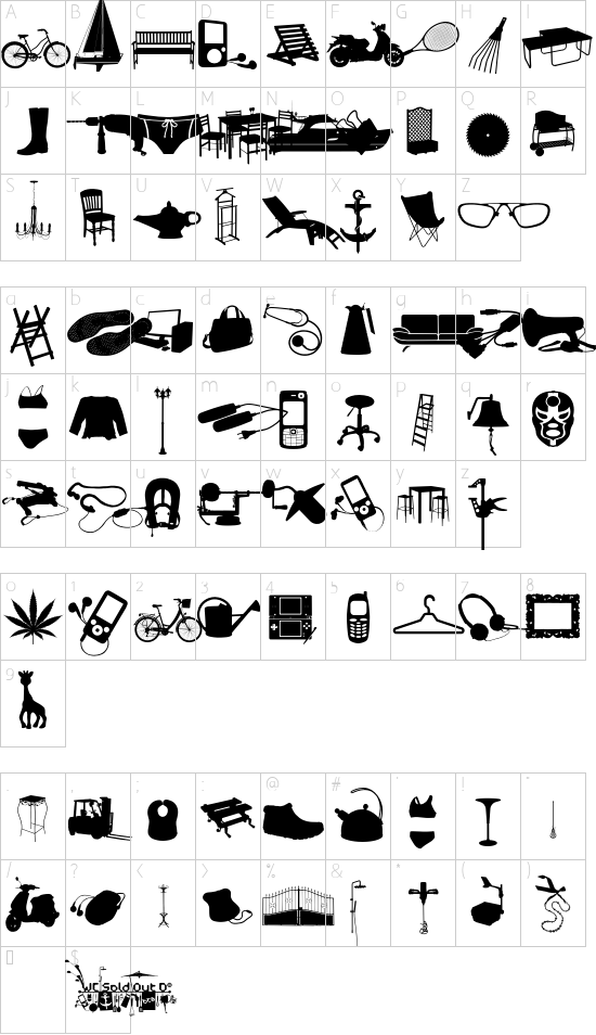 WC Sold Out D Bta font character map