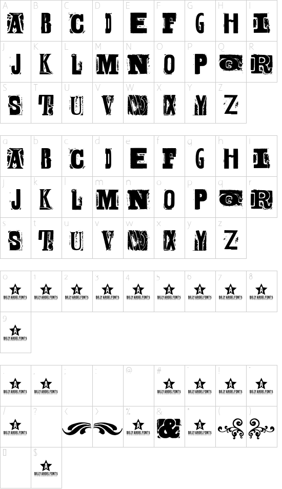 BODY HUNTER Bold font character map