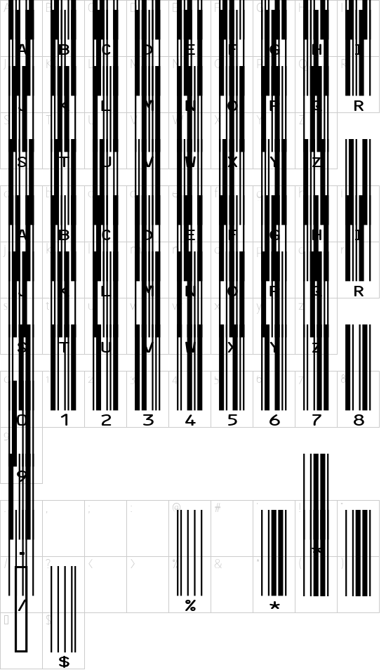 IDAutomationHC39M font character map