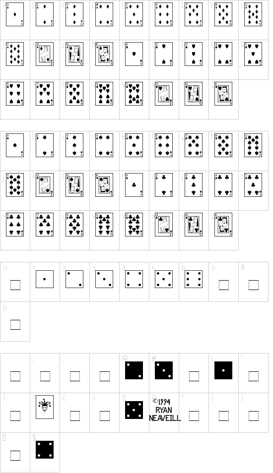 Playing Cards font character map