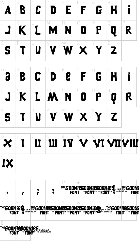 Goonies font character map