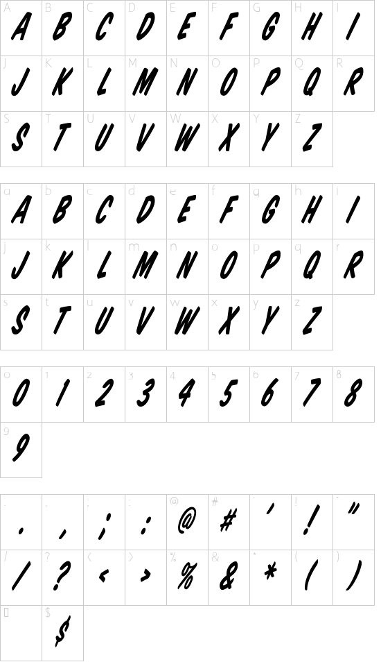 Komika Title - Tilt font character map