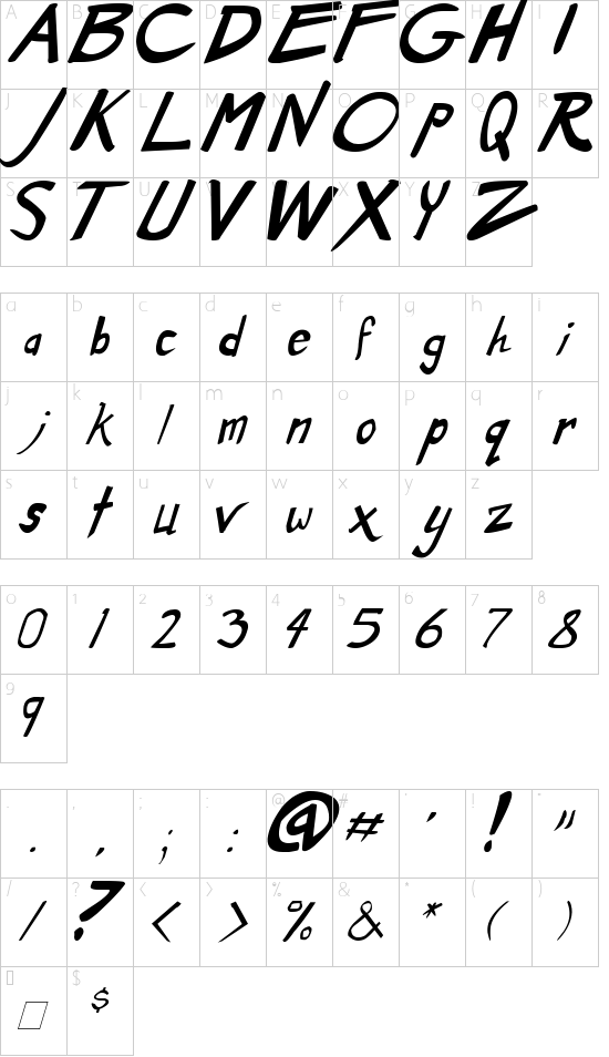 Dirty Duo Bold Italic font character map