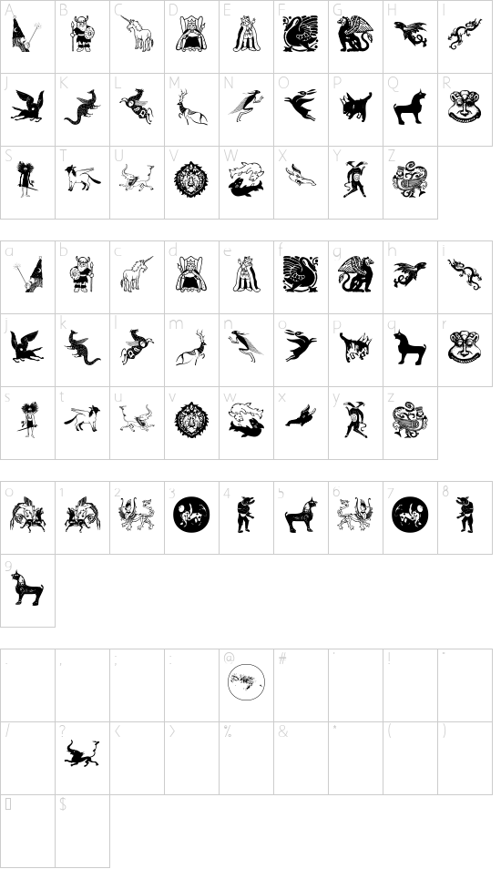Mythological font character map
